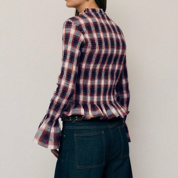 Red Casual Women's Plaid Corset Top with Mock Neckline and Ruffle Trim - Picture 4 of 8